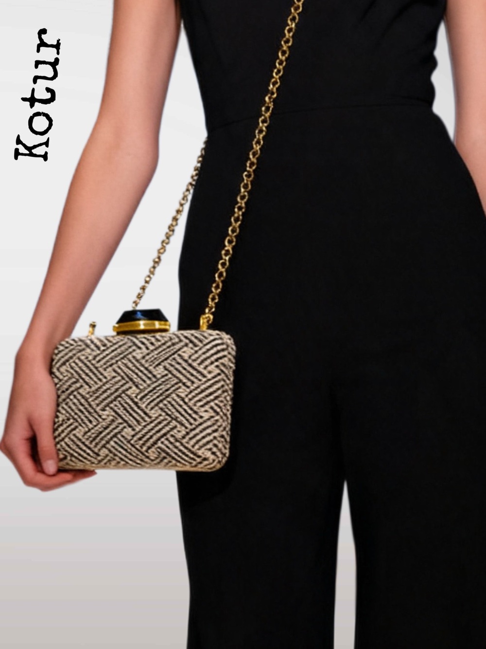 KOTUR
 Beige & Black Woven Minaudière with Gold Chain